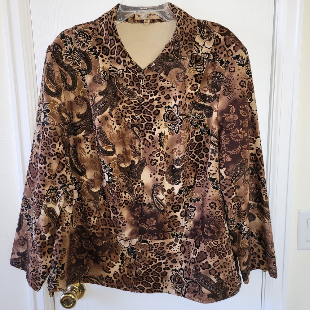 Notations Woman 3X Zip Jacket Leopard Paisley Floral Print Brown Tan Boho Casual